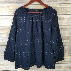 Talbots 2X Peasant Blouse Navy Blue Wht Polka Dot